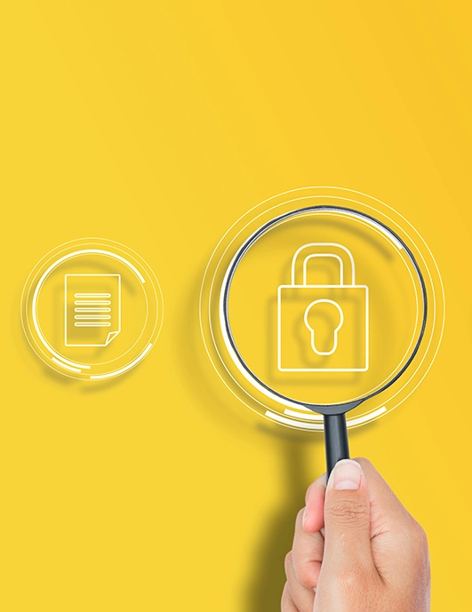Hand holding a magnifying glass over a padlock icon on yellow background, symbolising Carvina Capital’s data security and stewardship standards.